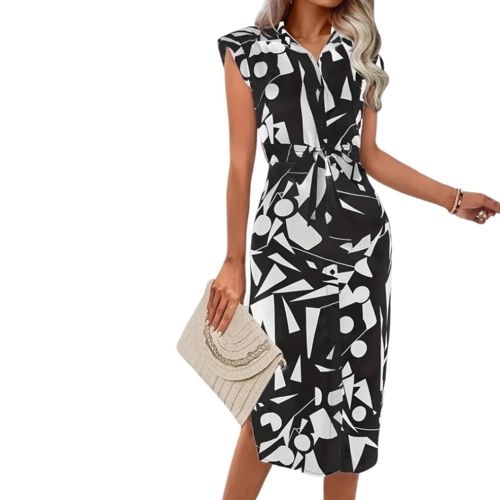 Geo Print Dress Button Front Belted Elegant Cap Sleeve